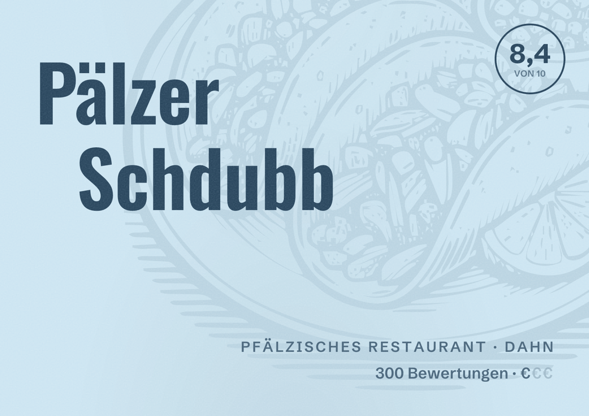 Illustriertes Poster von Pälzer Schdubb, Pfälzisches Restaurant in Dahn: Bewertung 8,4 von 10 aus 300 Bewertungen, Preisniveau €
