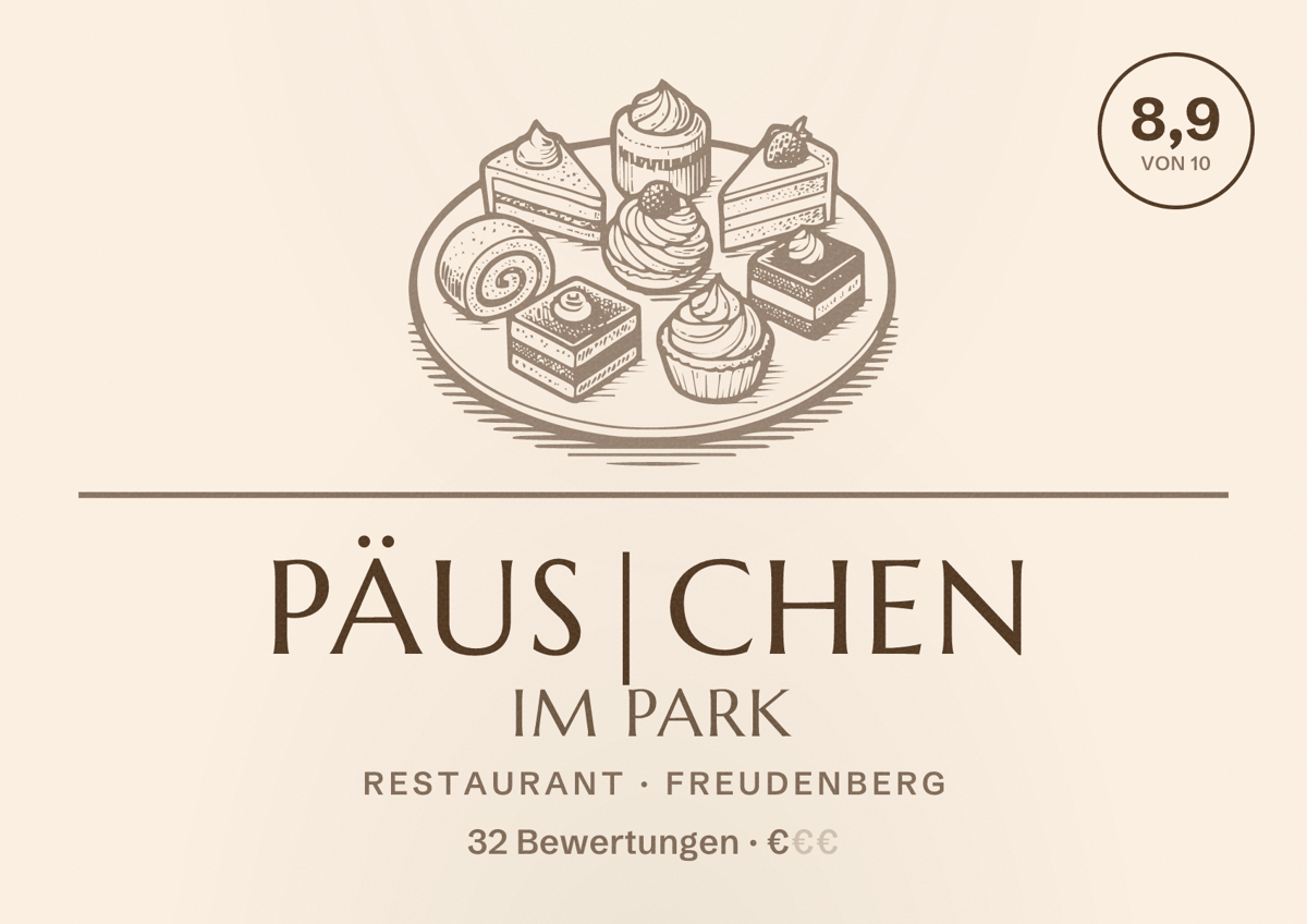 Illustriertes Poster von Päus|chen im Park, Restaurant in Freudenberg: Bewertung 8,9 von 10 aus 32 Bewertungen, Preisniveau €