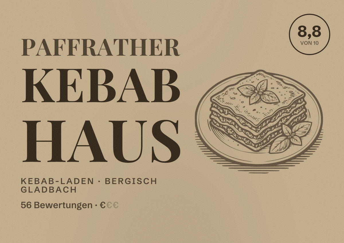 Illustriertes Poster von Paffrather Kebab Haus, Kebab-Laden in Bergisch Gladbach: Bewertung 8,8 von 10 aus 56 Bewertungen, Preisniveau €