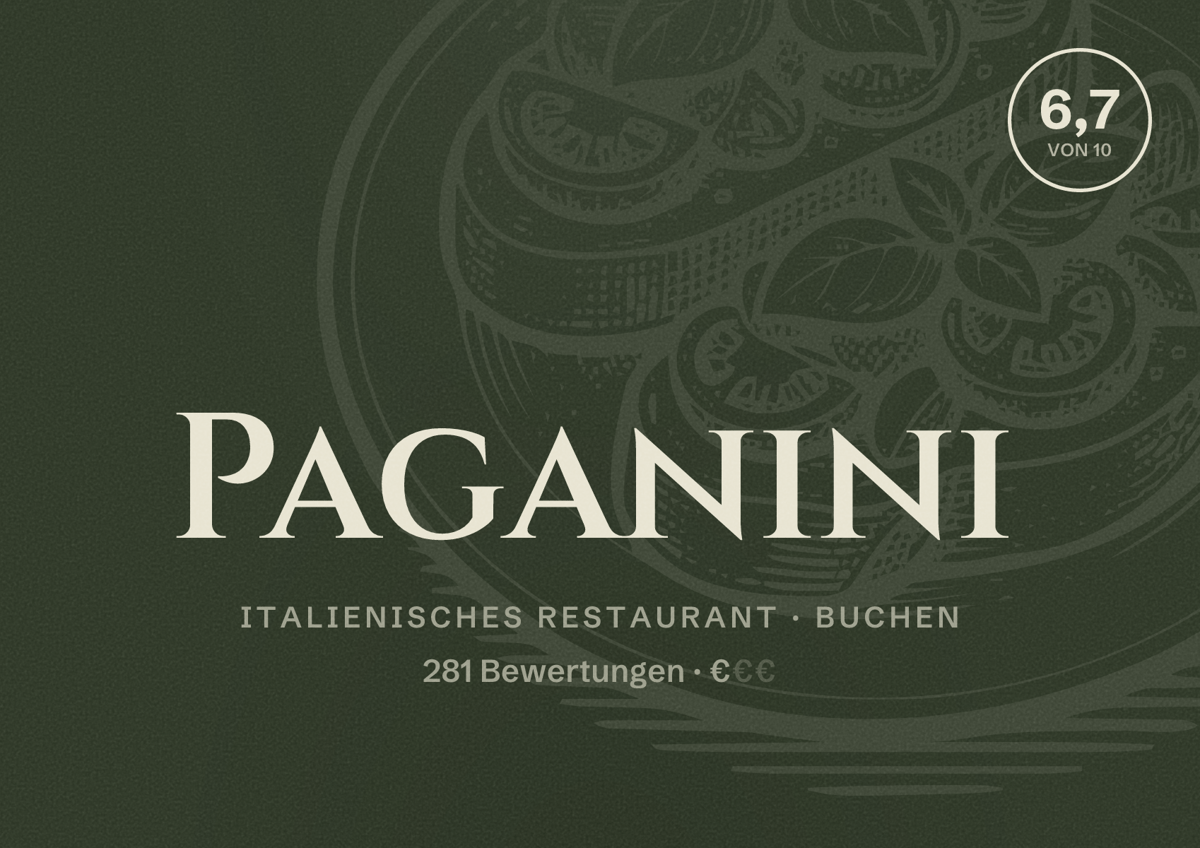 Illustriertes Poster von Paganini, Italienisches Restaurant in Buchen: Bewertung 6,7 von 10 aus 281 Bewertungen, Preisniveau €