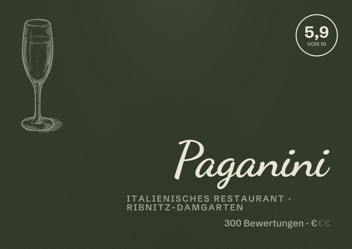 Illustriertes Poster von Paganini, Italienisches Restaurant in Ribnitz-Damgarten: Bewertung 5,9 von 10 aus 300 Bewertungen, Preisniveau €