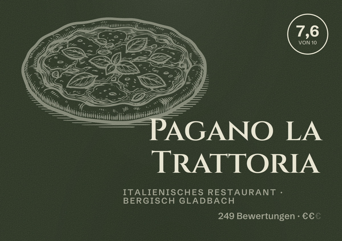 Illustriertes Poster von Pagano la Trattoria, Italienisches Restaurant in Bergisch Gladbach: Bewertung 7,6 von 10 aus 249 Bewertungen, Preisniveau €€
