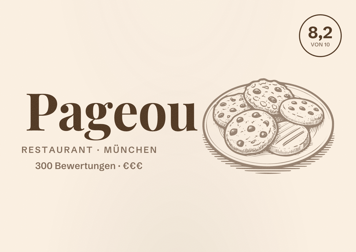 Illustriertes Poster von Pageou, Restaurant in München: Bewertung 8,2 von 10 aus 300 Bewertungen, Preisniveau €€€
