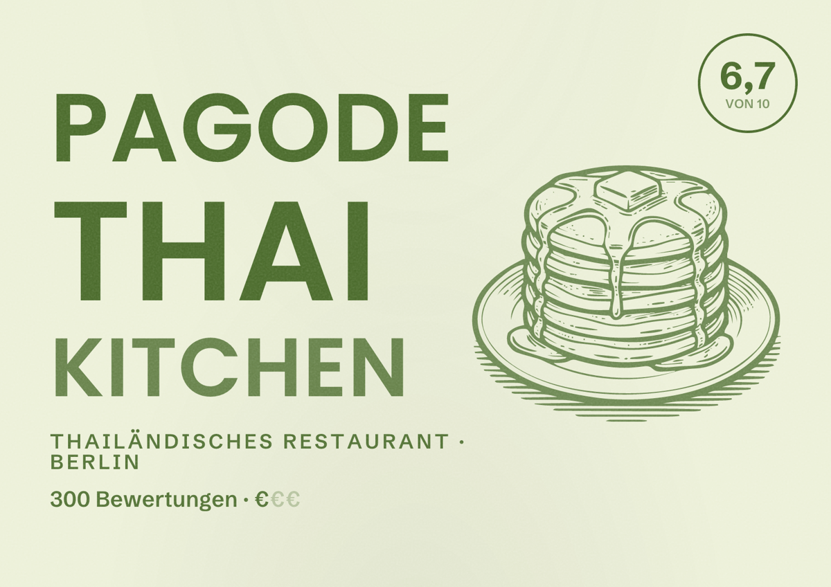 Illustriertes Poster von Pagode Thai Kitchen, Thailändisches Restaurant in Berlin: Bewertung 6,7 von 10 aus 300 Bewertungen, Preisniveau €