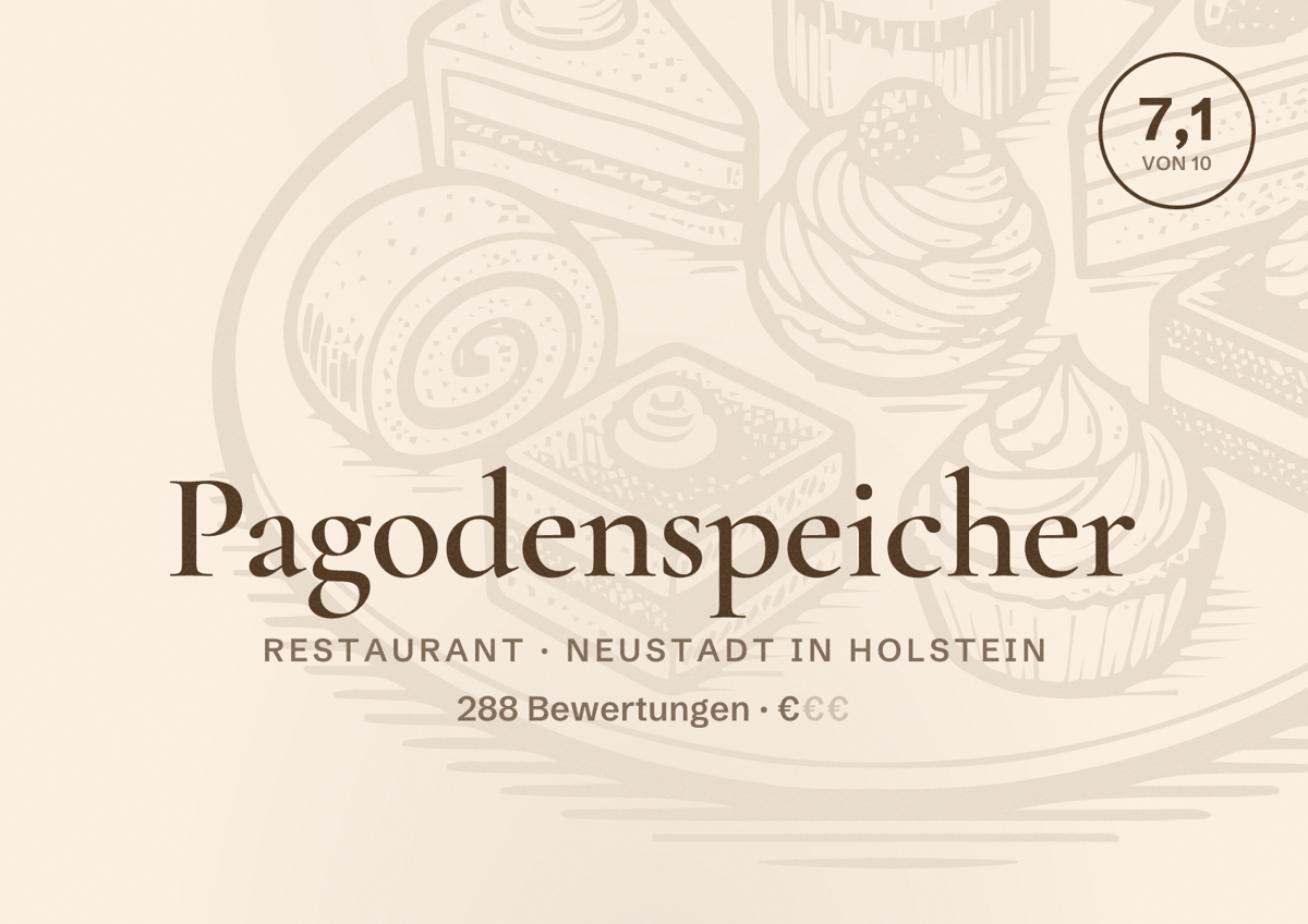 Illustriertes Poster von Pagodenspeicher, Restaurant in Neustadt in Holstein: Bewertung 7,1 von 10 aus 288 Bewertungen, Preisniveau €