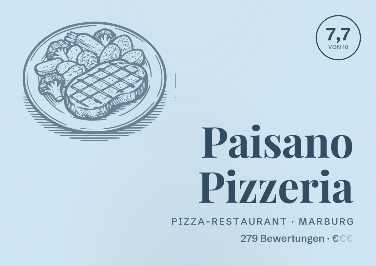 Illustriertes Poster von Paisano Pizzeria, Pizza-Restaurant in Marburg: Bewertung 7,7 von 10 aus 279 Bewertungen, Preisniveau €
