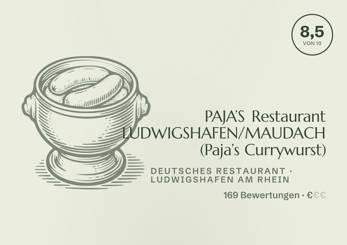 Illustriertes Poster von PAJA’S Restaurant LUDWIGSHAFEN/MAUDACH (Paja’s Currywurst), Deutsches Restaurant in Ludwigshafen am Rhein: Bewertung 8,5 von 10 aus 169 Bewertungen, Preisniveau €