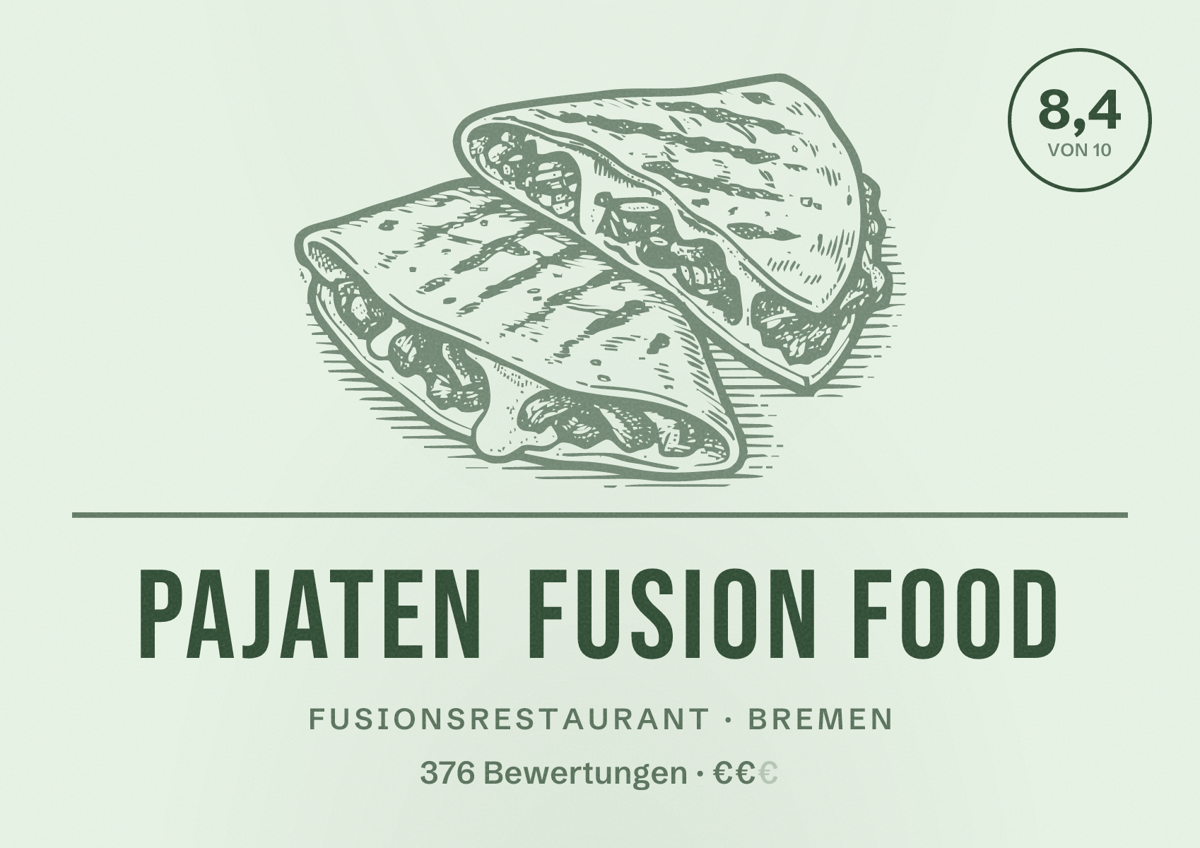 Illustriertes Poster von Pajaten Fusion Food, Fusionsrestaurant in Bremen: Bewertung 8,4 von 10 aus 376 Bewertungen, Preisniveau €€
