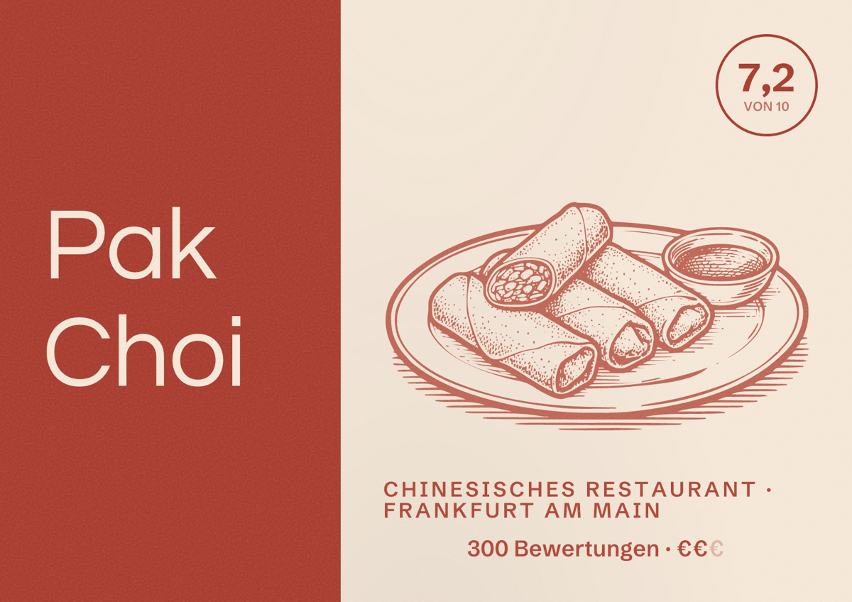 Illustriertes Poster von Pak Choi, Chinesisches Restaurant in Frankfurt am Main: Bewertung 7,2 von 10 aus 300 Bewertungen, Preisniveau €€