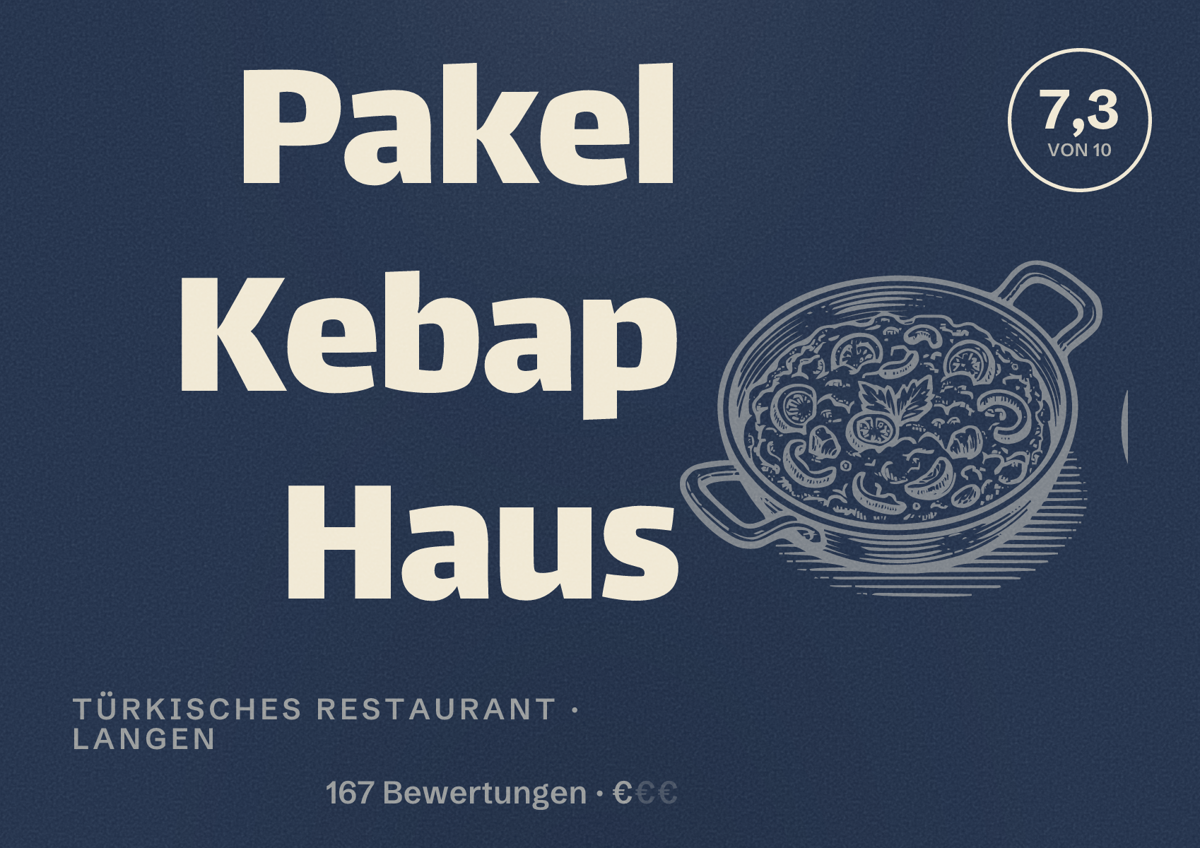 Illustriertes Poster von Pakel Kebap Haus, Türkisches Restaurant in Langen: Bewertung 7,3 von 10 aus 167 Bewertungen, Preisniveau €