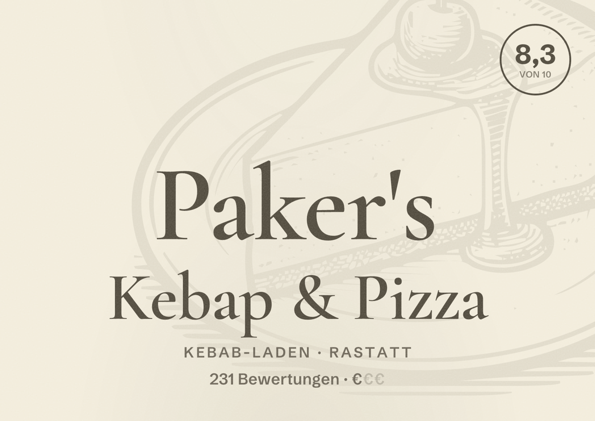 Illustriertes Poster von Paker's Kebap & Pizza, Kebab-Laden in Rastatt: Bewertung 8,3 von 10 aus 231 Bewertungen, Preisniveau €