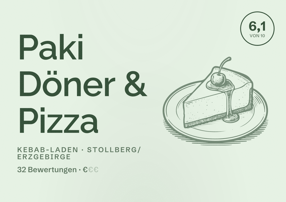 Illustriertes Poster von Paki Döner & Pizza, Kebab-Laden in Stollberg/Erzgebirge: Bewertung 6,1 von 10 aus 32 Bewertungen, Preisniveau €