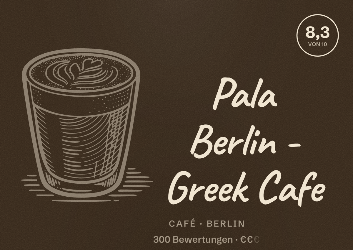 Illustriertes Poster von Pala Berlin - Greek Cafe, Café in Berlin: Bewertung 8,3 von 10 aus 300 Bewertungen, Preisniveau €€