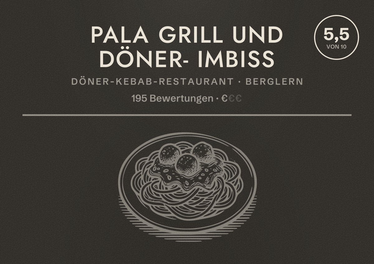 Illustriertes Poster von Pala Grill und Döner- Imbiss, Döner-Kebab-Restaurant in Berglern: Bewertung 5,5 von 10 aus 195 Bewertungen, Preisniveau €