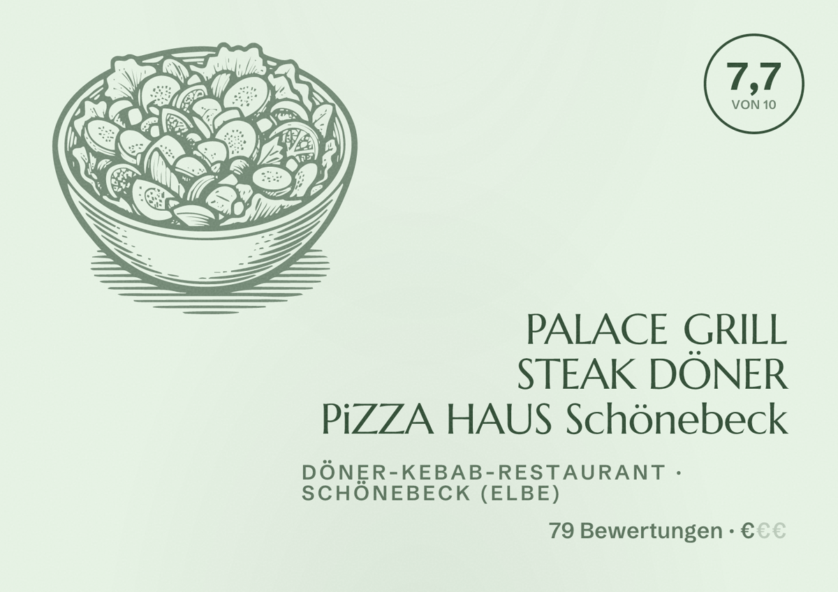 Illustriertes Poster von PALACE GRILL STEAK DÖNER PiZZA HAUS Schönebeck, Döner-Kebab-Restaurant in Schönebeck (Elbe): Bewertung 7,7 von 10 aus 79 Bewertungen, Preisniveau €