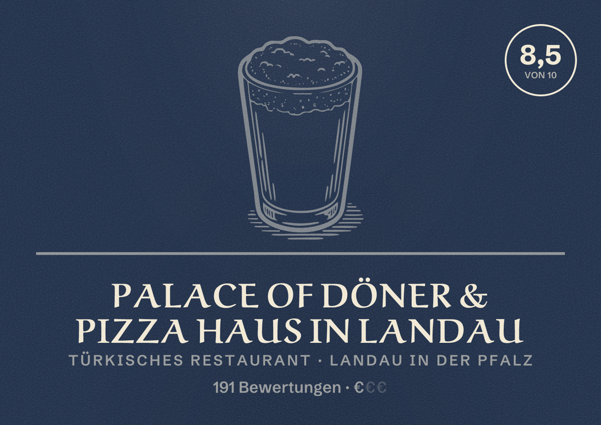 Illustriertes Poster von Palace of Döner & Pizza haus in Landau, Türkisches Restaurant in Landau in der Pfalz: Bewertung 8,5 von 10 aus 191 Bewertungen, Preisniveau €