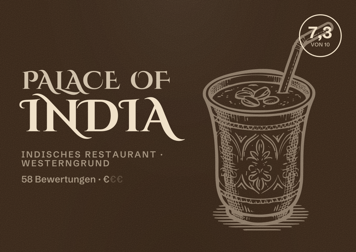 Illustriertes Poster von Palace Of India, Indisches Restaurant in Westerngrund: Bewertung 7,3 von 10 aus 58 Bewertungen, Preisniveau €