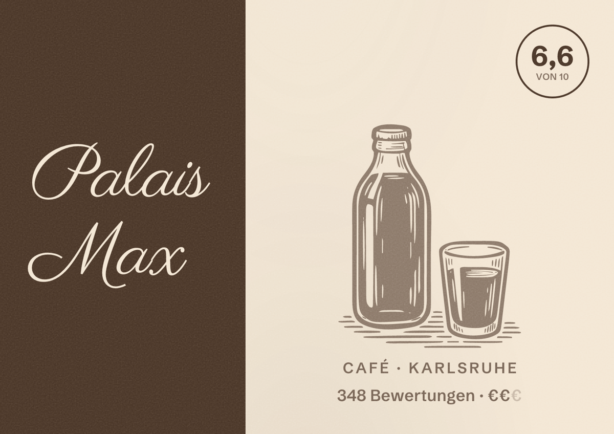 Illustriertes Poster von Palais Max, Café in Karlsruhe: Bewertung 6,6 von 10 aus 348 Bewertungen, Preisniveau €€