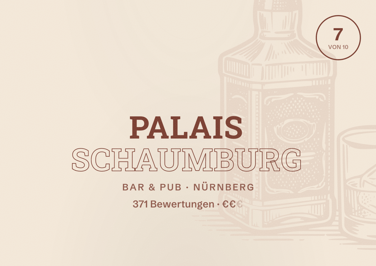 Illustriertes Poster von Palais Schaumburg, Bar & Pub in Nürnberg: Bewertung 7 von 10 aus 371 Bewertungen, Preisniveau €€