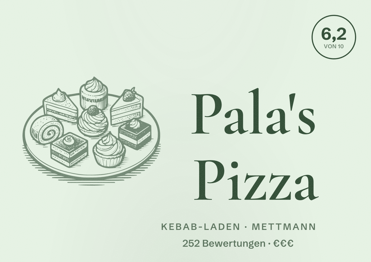 Illustriertes Poster von Pala's Pizza, Kebab-Laden in Mettmann: Bewertung 6,2 von 10 aus 252 Bewertungen, Preisniveau €€€