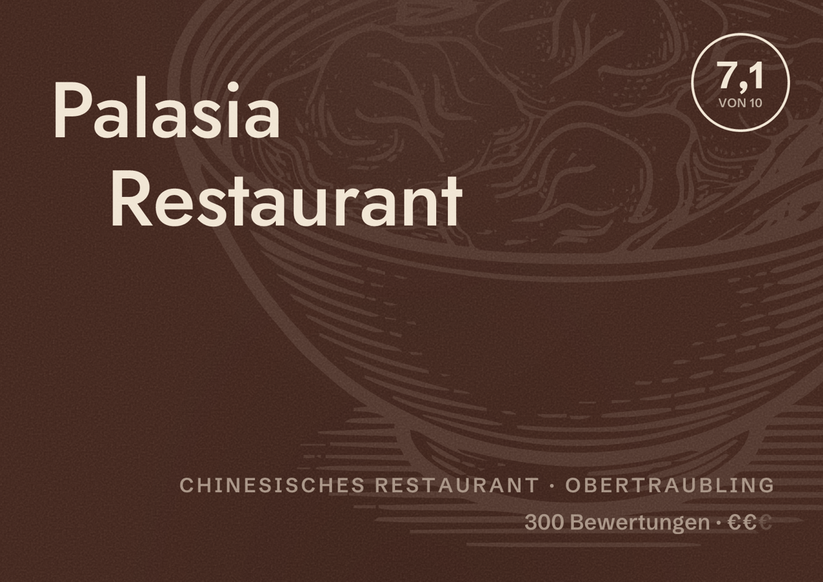 Illustriertes Poster von Palasia Restaurant, Chinesisches Restaurant in Obertraubling: Bewertung 7,1 von 10 aus 300 Bewertungen, Preisniveau €€