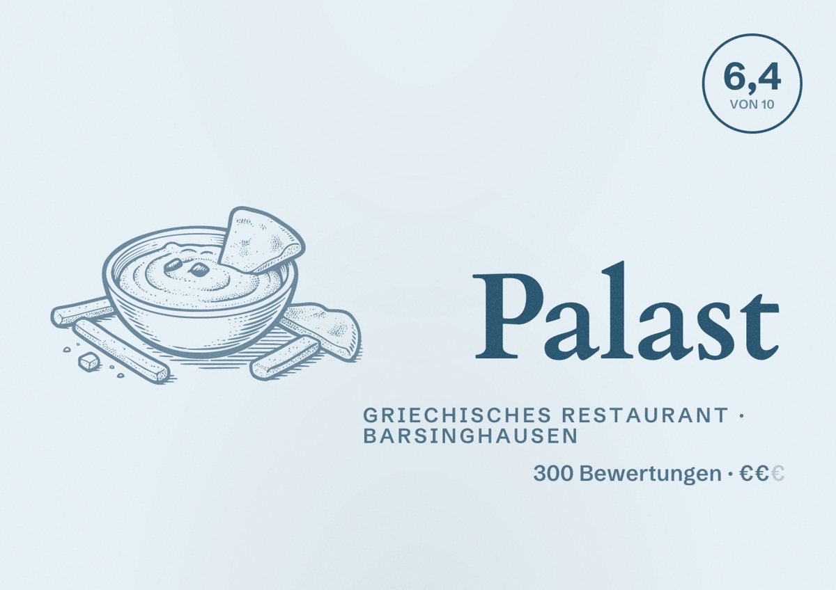 Illustriertes Poster von Palast, Griechisches Restaurant in Barsinghausen: Bewertung 6,4 von 10 aus 300 Bewertungen, Preisniveau €€