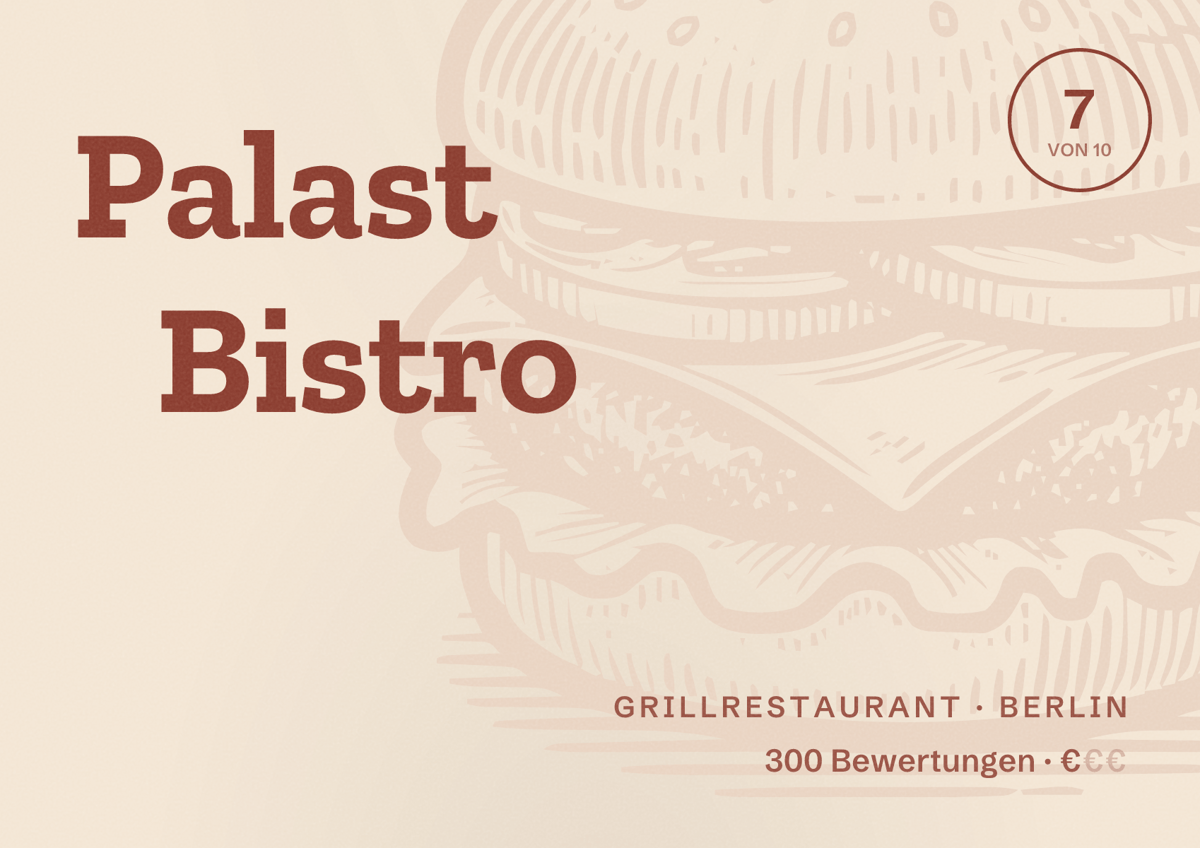 Illustriertes Poster von Palast Bistro, Grillrestaurant in Berlin: Bewertung 7,0 von 10 aus 300 Bewertungen, Preisniveau €