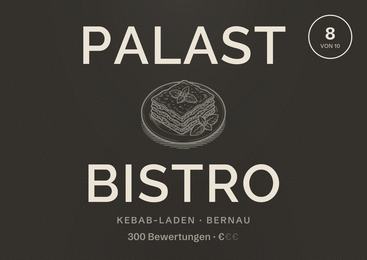 Illustriertes Poster von Palast bistro, Kebab-Laden in Bernau: Bewertung 8 von 10 aus 300 Bewertungen, Preisniveau €
