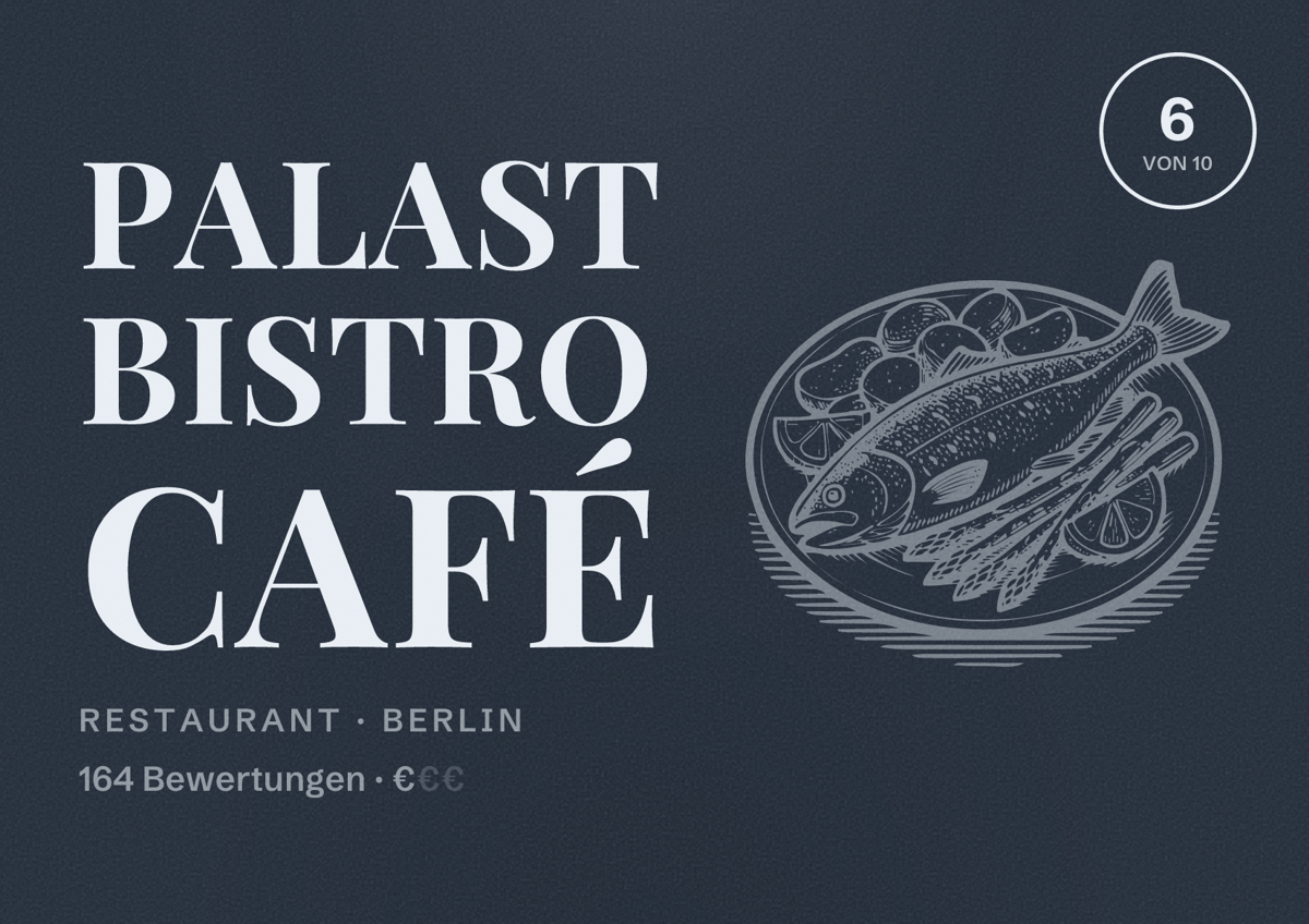 Illustriertes Poster von Palast Bistro Café, Restaurant in Berlin: Bewertung 6,0 von 10 aus 164 Bewertungen, Preisniveau €