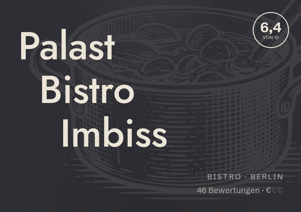 Illustriertes Poster von Palast Bistro Imbiss, Bistro in Berlin: Bewertung 6,4 von 10 aus 46 Bewertungen, Preisniveau €