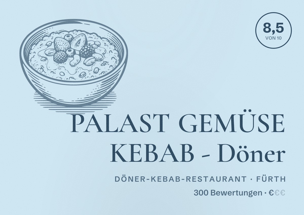 Illustriertes Poster von PALAST GEMÜSE KEBAB - Döner, Döner-Kebab-Restaurant in Fürth: Bewertung 8,5 von 10 aus 300 Bewertungen, Preisniveau €