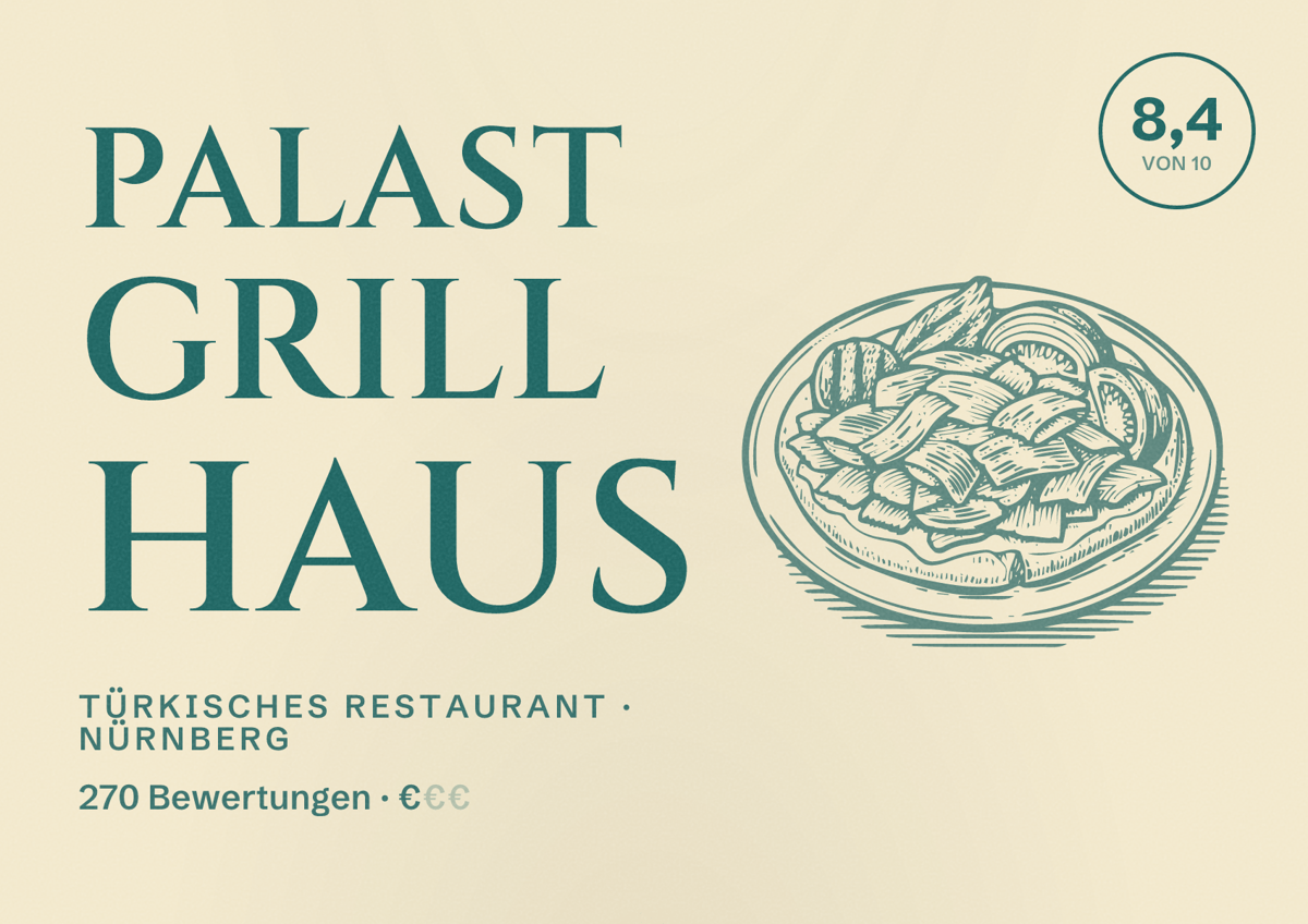 Illustriertes Poster von Palast Grill Haus, Türkisches Restaurant in Nürnberg: Bewertung 8,4 von 10 aus 270 Bewertungen, Preisniveau €