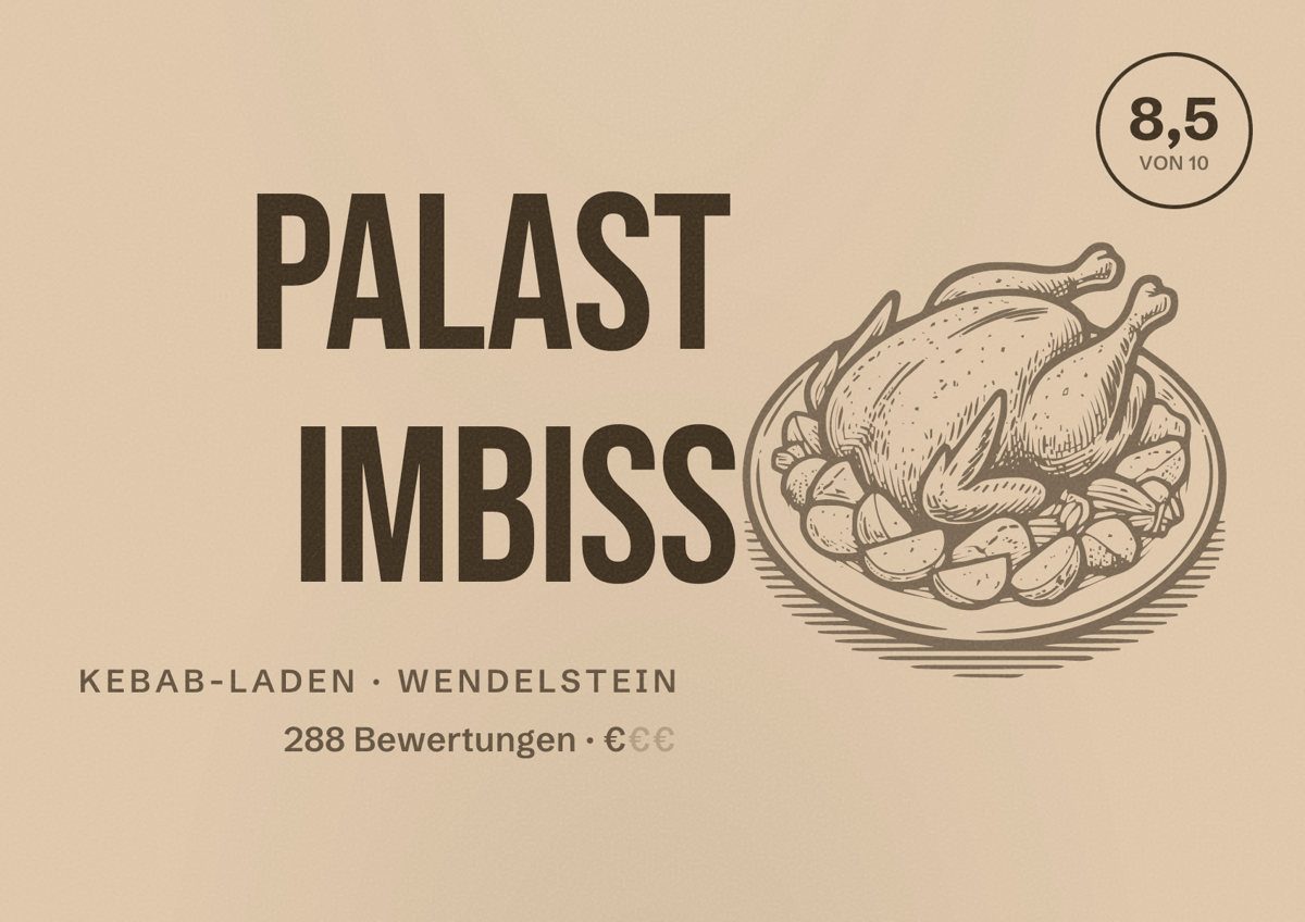 Illustriertes Poster von Palast Imbiss, Kebab-Laden in Wendelstein: Bewertung 8,5 von 10 aus 288 Bewertungen, Preisniveau €