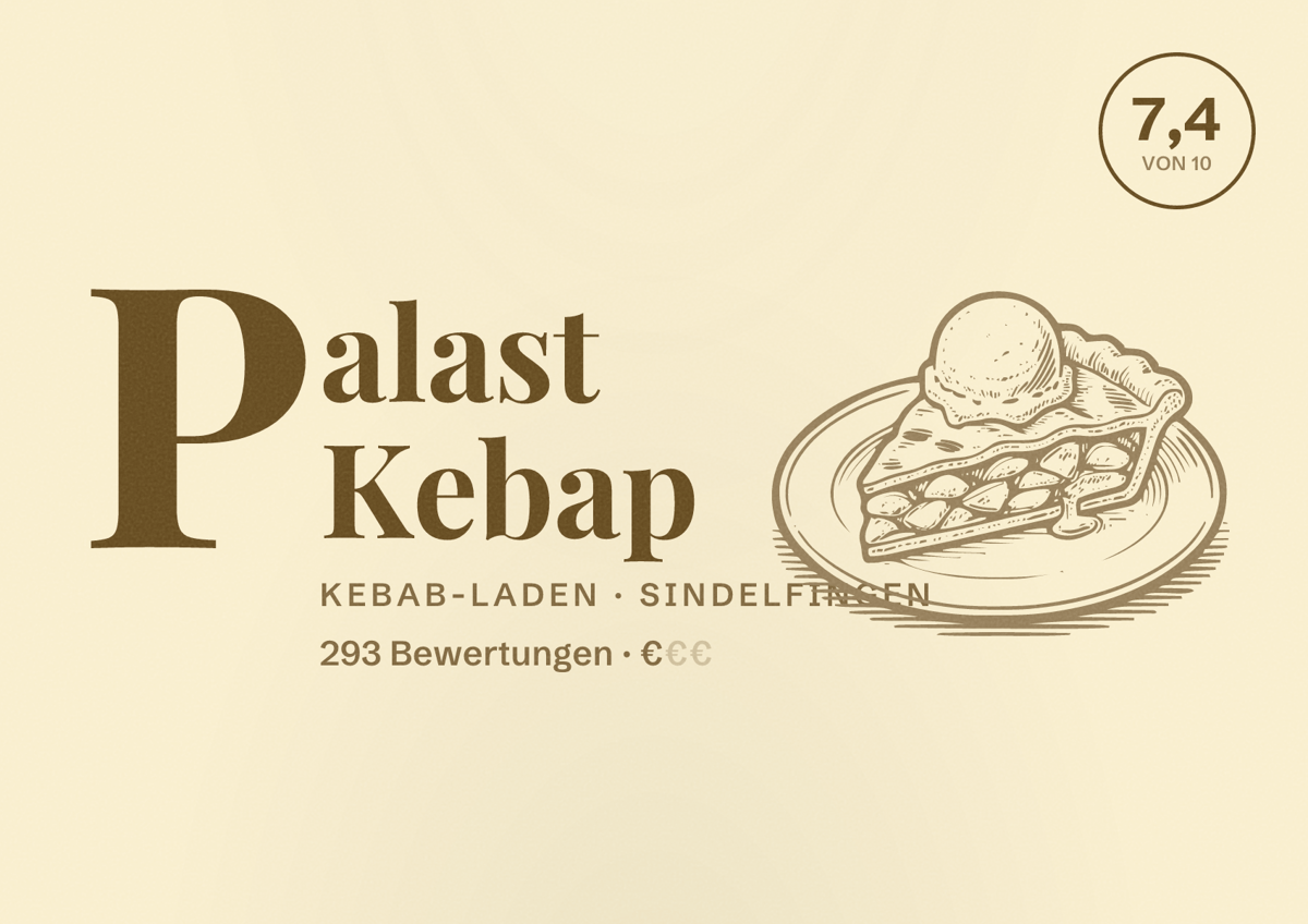 Illustriertes Poster von Palast Kebap, Kebab-Laden in Sindelfingen: Bewertung 7,4 von 10 aus 293 Bewertungen, Preisniveau €