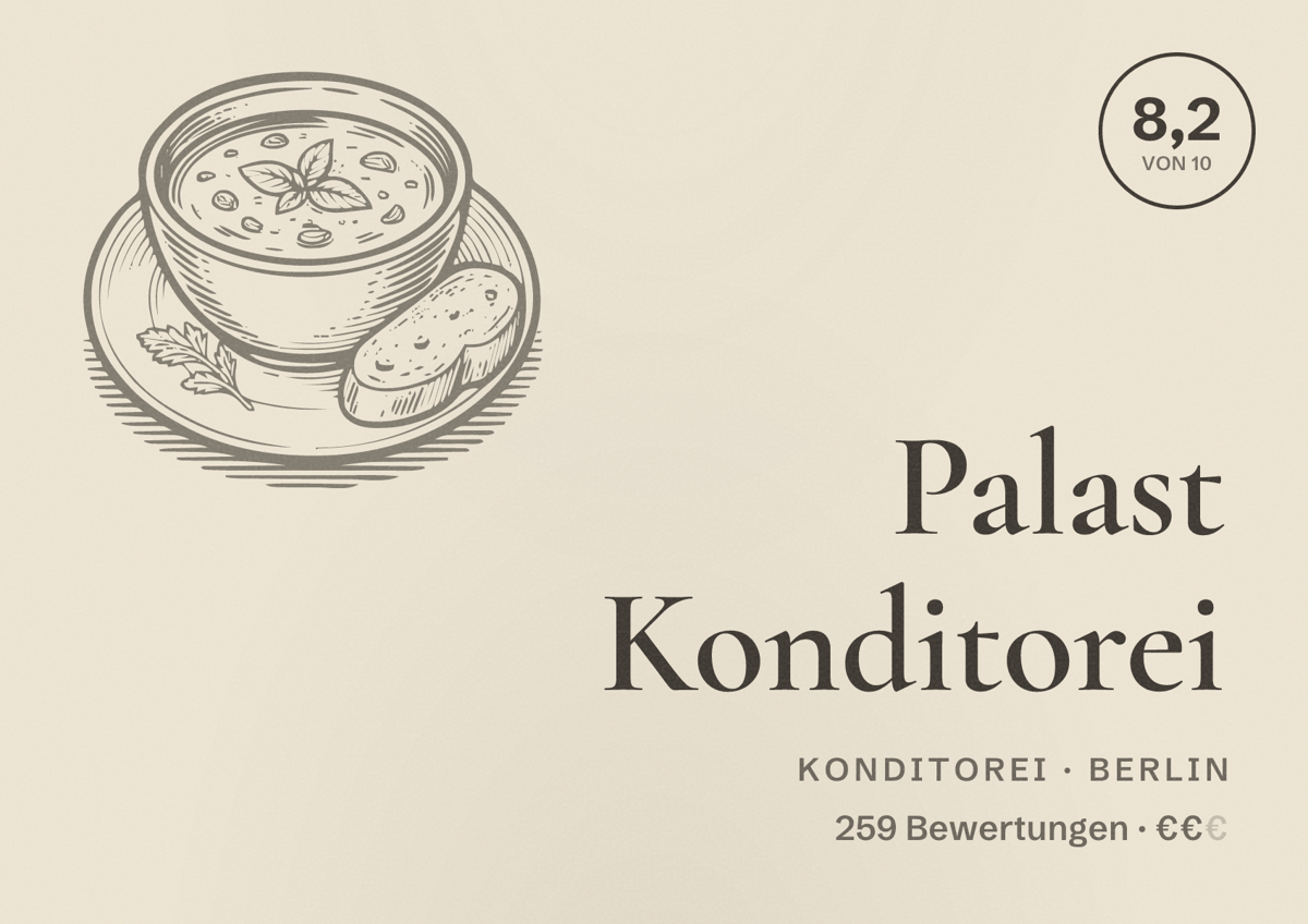 Illustriertes Poster von Palast Konditorei, Konditorei in Berlin: Bewertung 8,2 von 10 aus 259 Bewertungen, Preisniveau €€