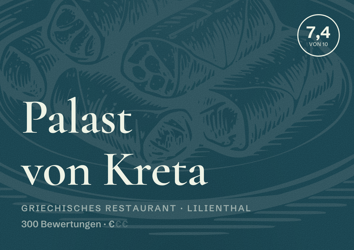 Illustriertes Poster von Palast von Kreta, Griechisches Restaurant in Lilienthal: Bewertung 7,4 von 10 aus 300 Bewertungen, Preisniveau €