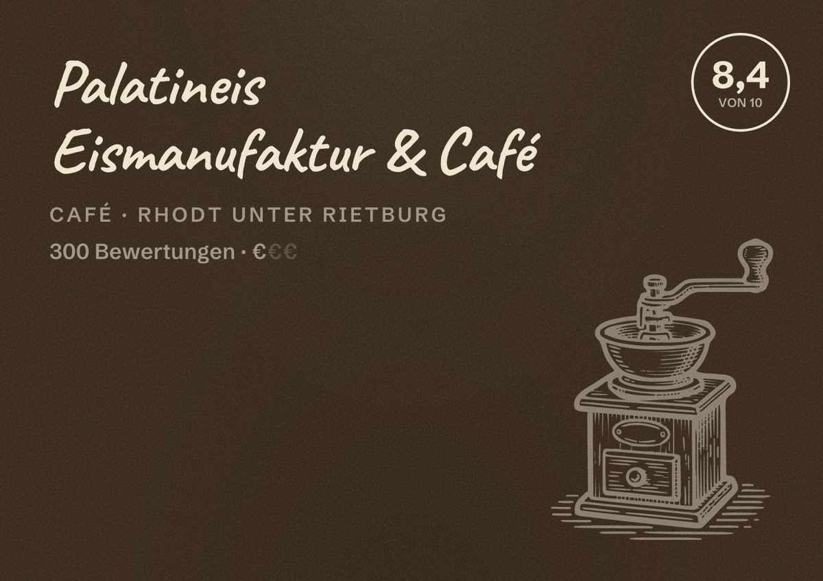 Illustriertes Poster von Palatineis Eismanufaktur & Café, Café in Rhodt unter Rietburg: Bewertung 8,4 von 10 aus 300 Bewertungen, Preisniveau €