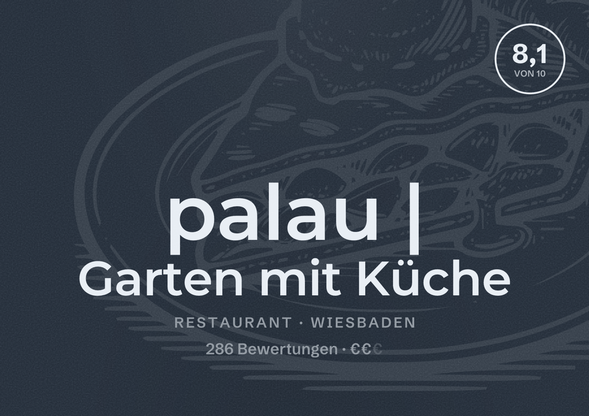 Illustriertes Poster von palau | Garten mit Küche, Restaurant in Wiesbaden: Bewertung 8,1 von 10 aus 286 Bewertungen, Preisniveau €€