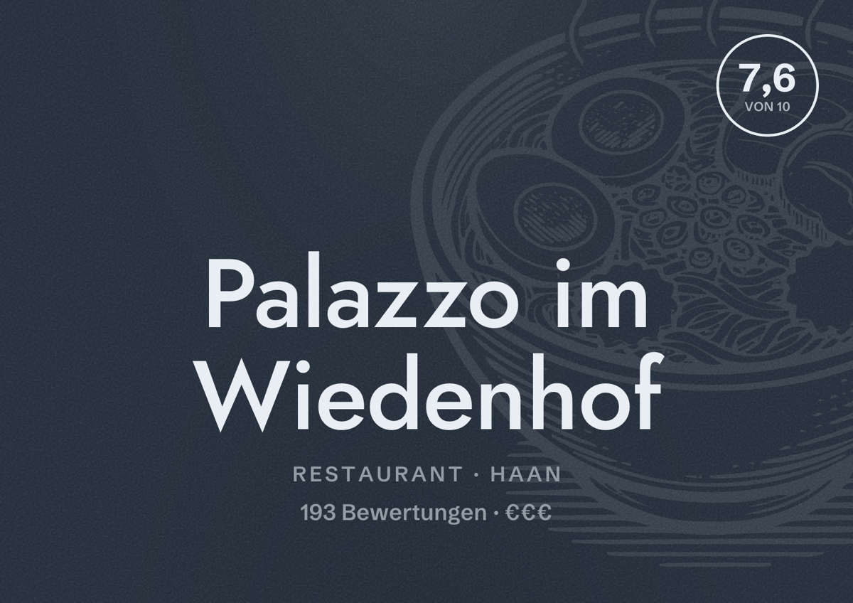 Illustriertes Poster von Palazzo im Wiedenhof, Restaurant in Haan: Bewertung 7,6 von 10 aus 193 Bewertungen, Preisniveau €€€