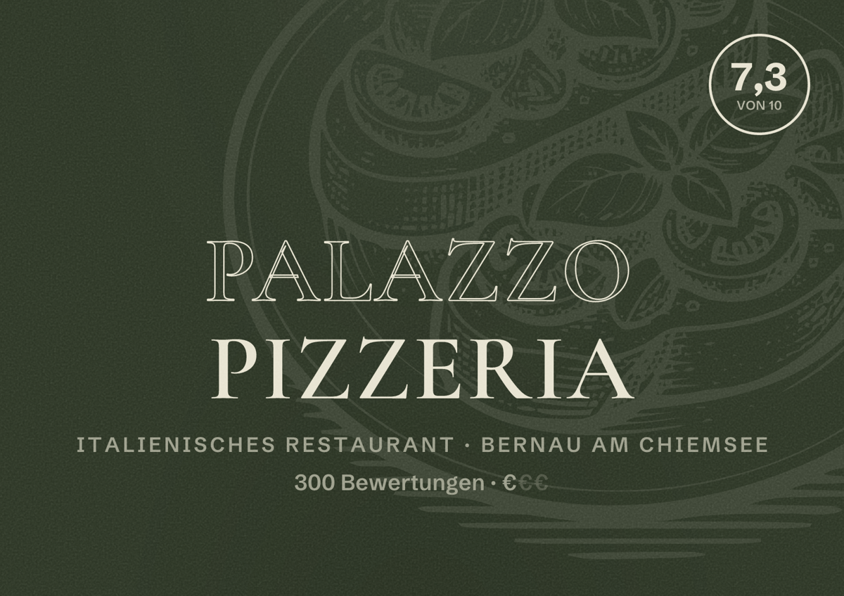 Illustriertes Poster von Palazzo Pizzeria, Italienisches Restaurant in Bernau am Chiemsee: Bewertung 7,3 von 10 aus 300 Bewertungen, Preisniveau €