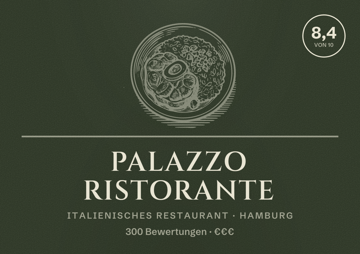 Illustriertes Poster von PALAZZO RISTORANTE, Italienisches Restaurant in Hamburg: Bewertung 8,4 von 10 aus 300 Bewertungen, Preisniveau €€€