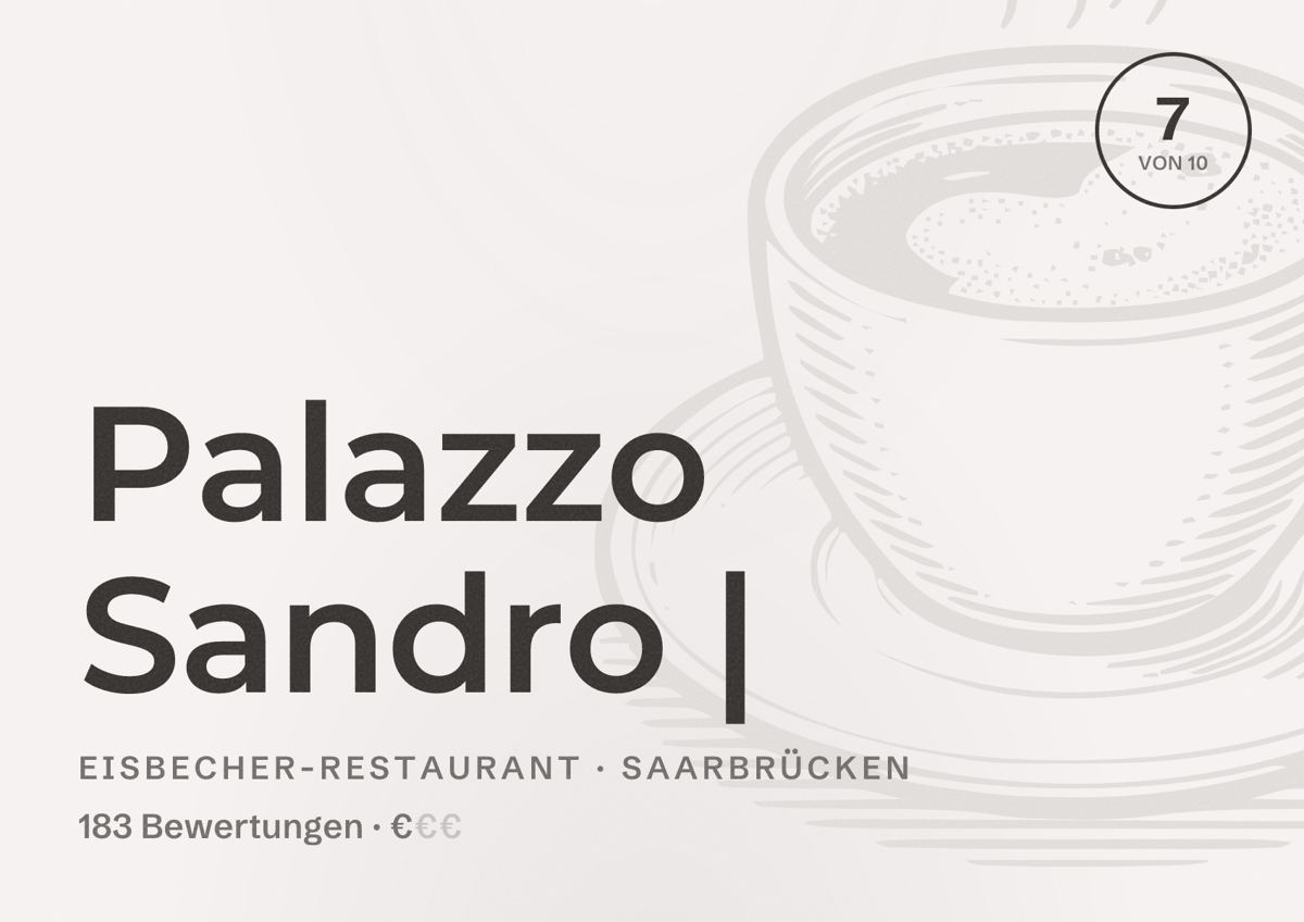 Illustriertes Poster von Palazzo Sandro |, Eisbecher-Restaurant in Saarbrücken: Bewertung 7,0 von 10 aus 183 Bewertungen, Preisniveau €