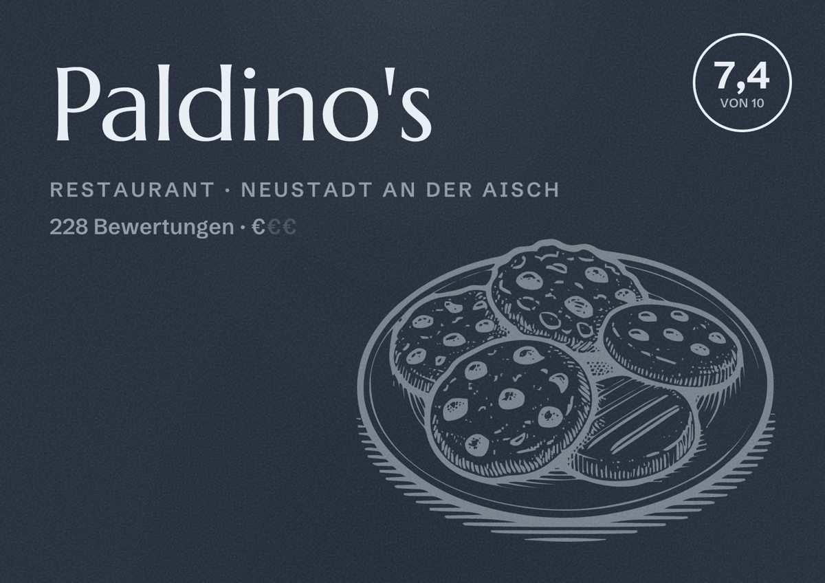 Illustriertes Poster von Paldino's, Restaurant in Neustadt an der Aisch: Bewertung 7,4 von 10 aus 228 Bewertungen, Preisniveau €