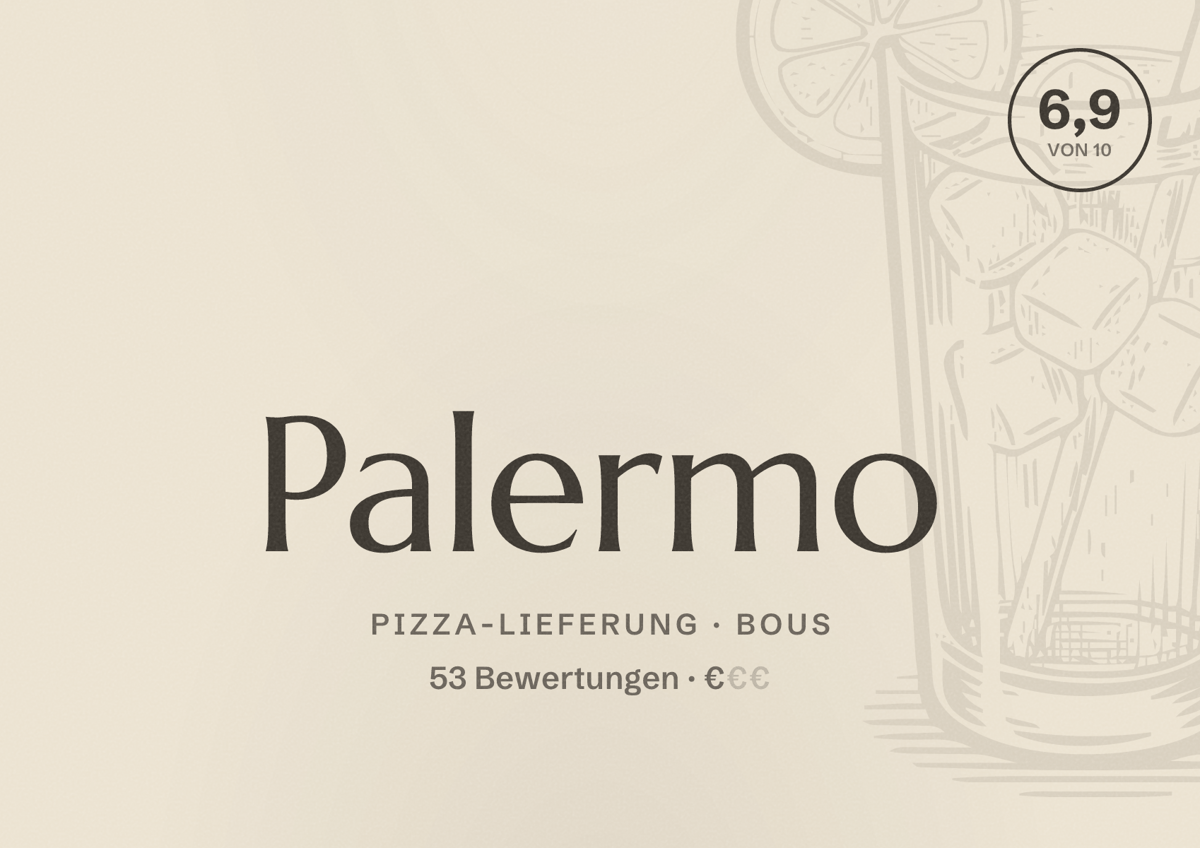 Illustriertes Poster von Palermo, Pizza-Lieferung in Bous: Bewertung 6,9 von 10 aus 53 Bewertungen, Preisniveau €