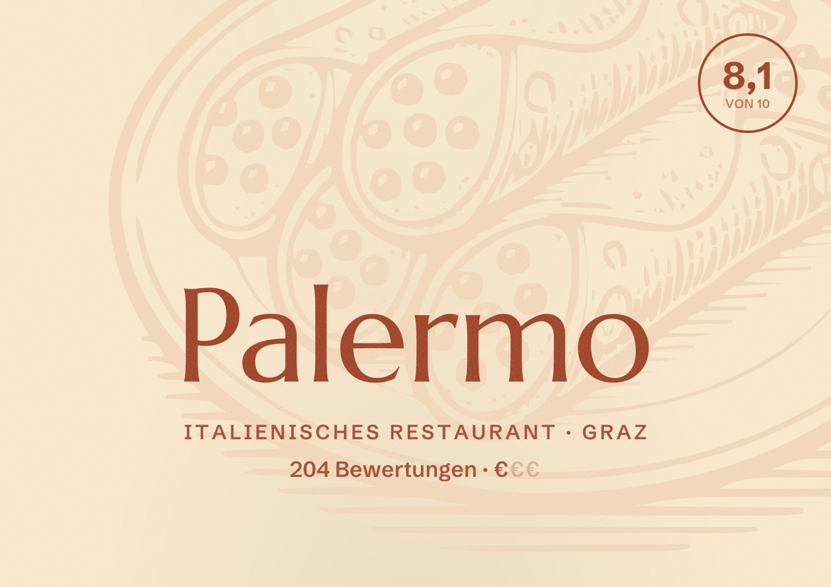 Illustriertes Poster von Palermo, Italienisches Restaurant in Graz: Bewertung 8,1 von 10 aus 204 Bewertungen, Preisniveau €
