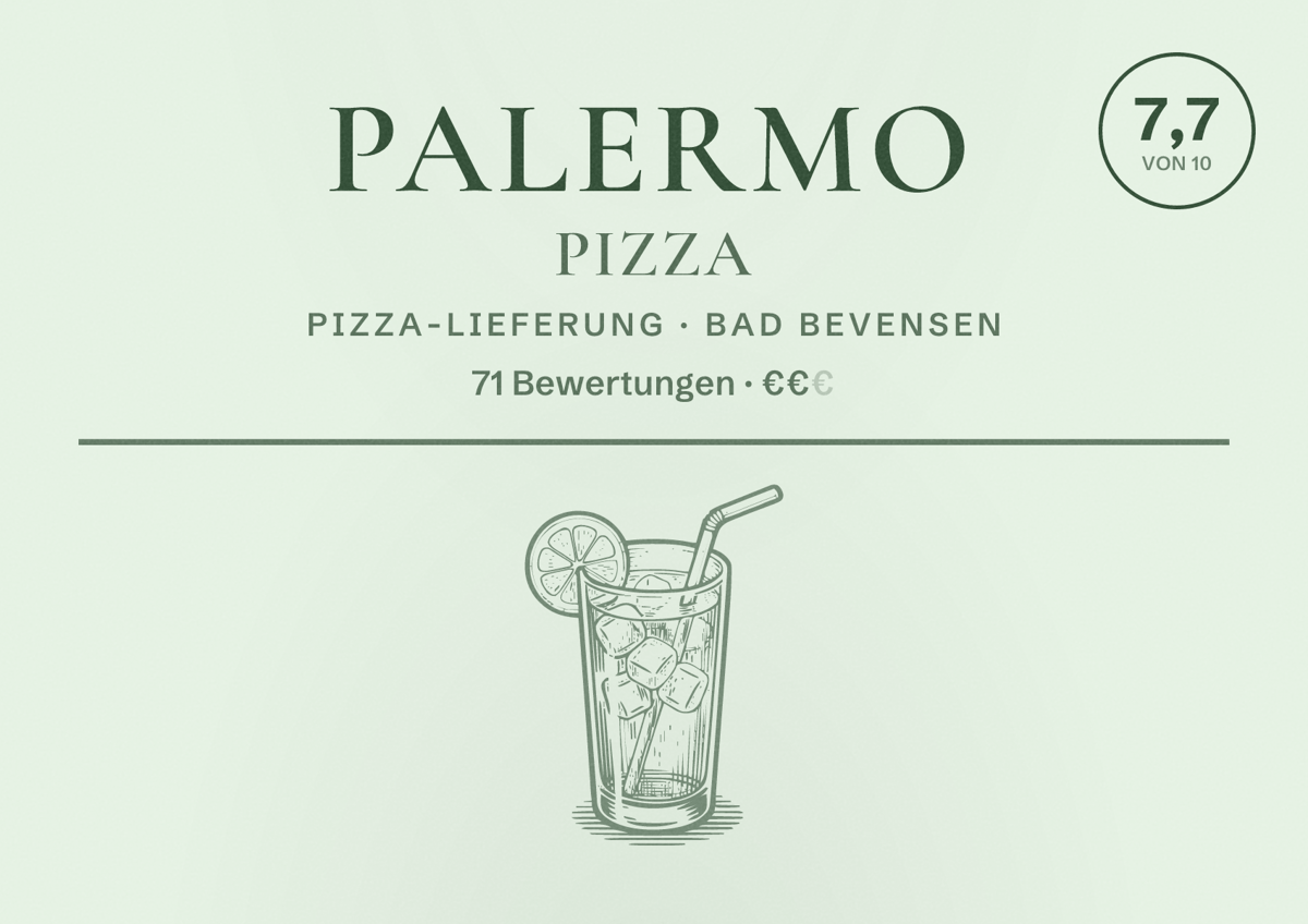 Illustriertes Poster von Palermo Pizza, Pizza-Lieferung in Bad Bevensen: Bewertung 7,7 von 10 aus 71 Bewertungen, Preisniveau €€