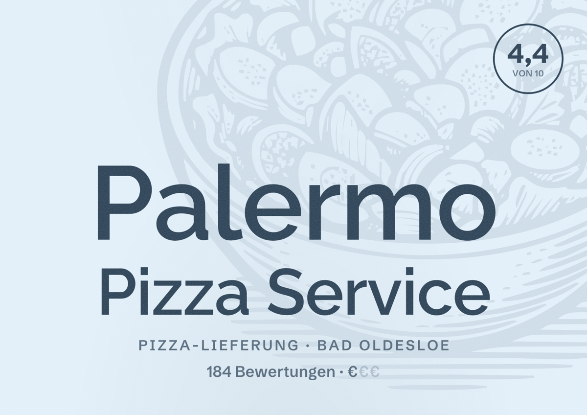 Illustriertes Poster von Palermo Pizza Service, Pizza-Lieferung in Bad Oldesloe: Bewertung 4,4 von 10 aus 184 Bewertungen, Preisniveau €