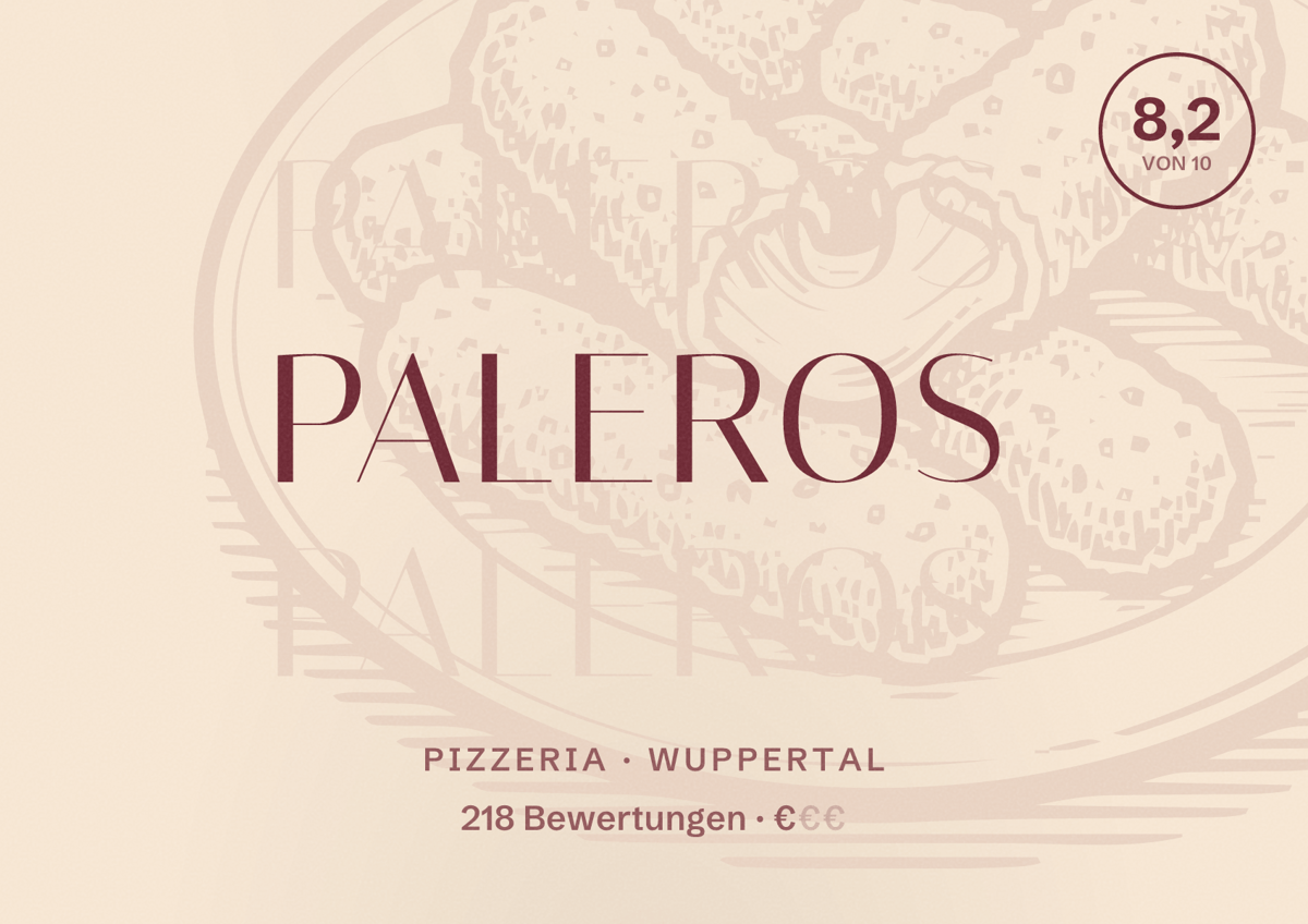 Illustriertes Poster von Paleros, Pizzeria in Wuppertal: Bewertung 8,2 von 10 aus 218 Bewertungen, Preisniveau €