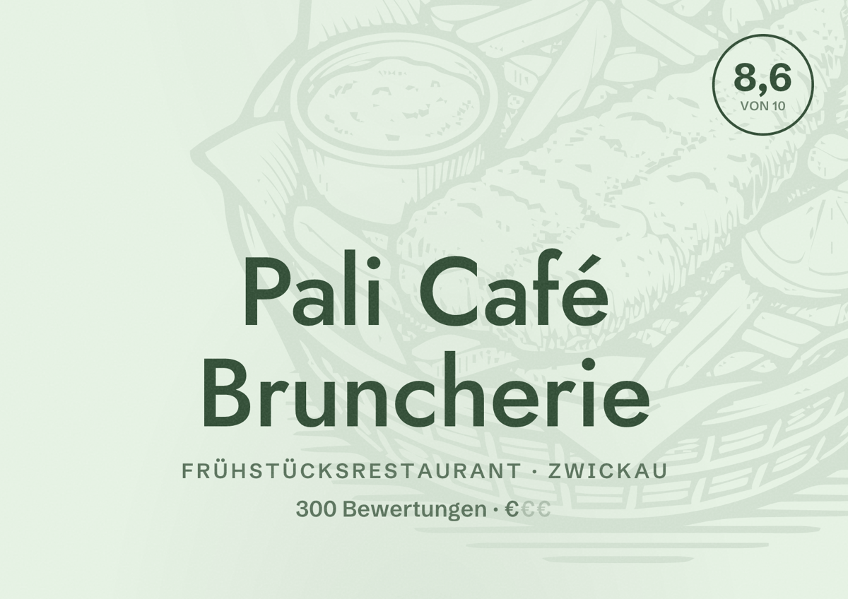Illustriertes Poster von Pali Café Bruncherie, Frühstücksrestaurant in Zwickau: Bewertung 8,6 von 10 aus 300 Bewertungen, Preisniveau €