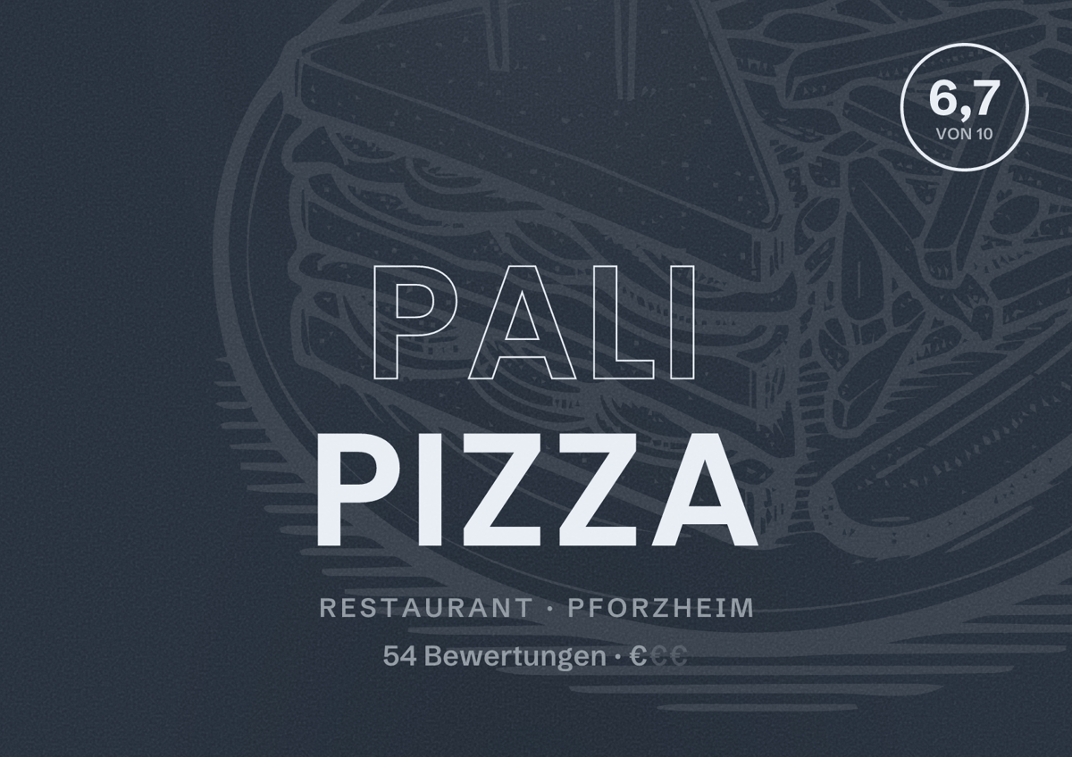 Illustriertes Poster von Pali Pizza, Restaurant in Pforzheim: Bewertung 6,7 von 10 aus 54 Bewertungen, Preisniveau €